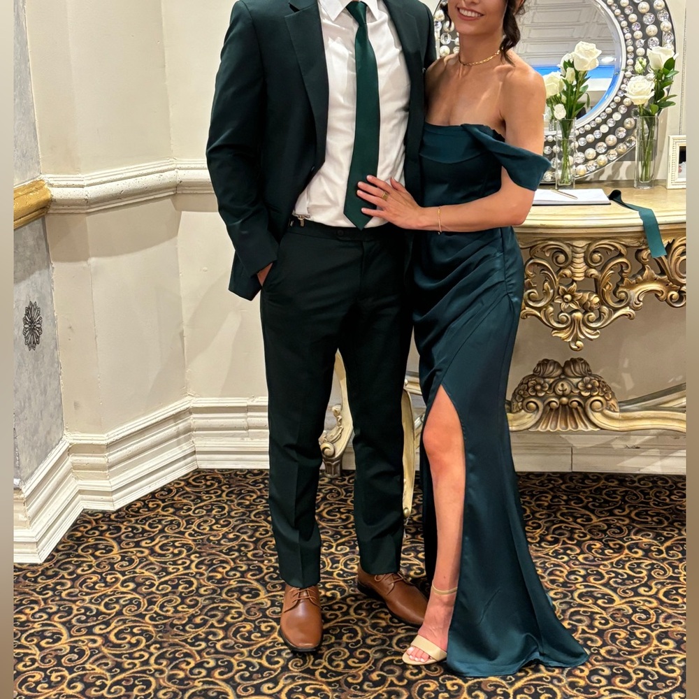 Kimberley Bottle Green Bardot Fishtail Satin Maxi Dress | Club L London | US 2 - Picture 1 of 13